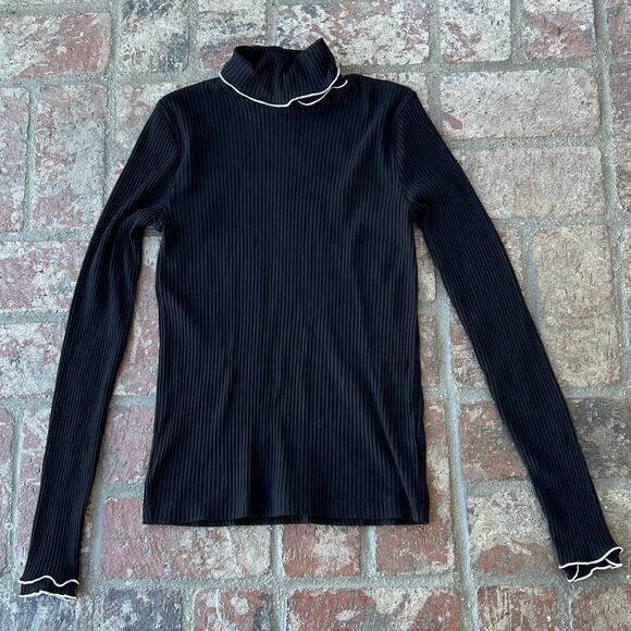 J. Crew Tops - J. Crew Ribbed Black Top White Trim Long Sleeve Blouse Size XS